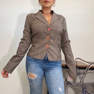 Charlotte Russe Women’s S Brown Vintage Plaid Button V Neck Blazer Jacket